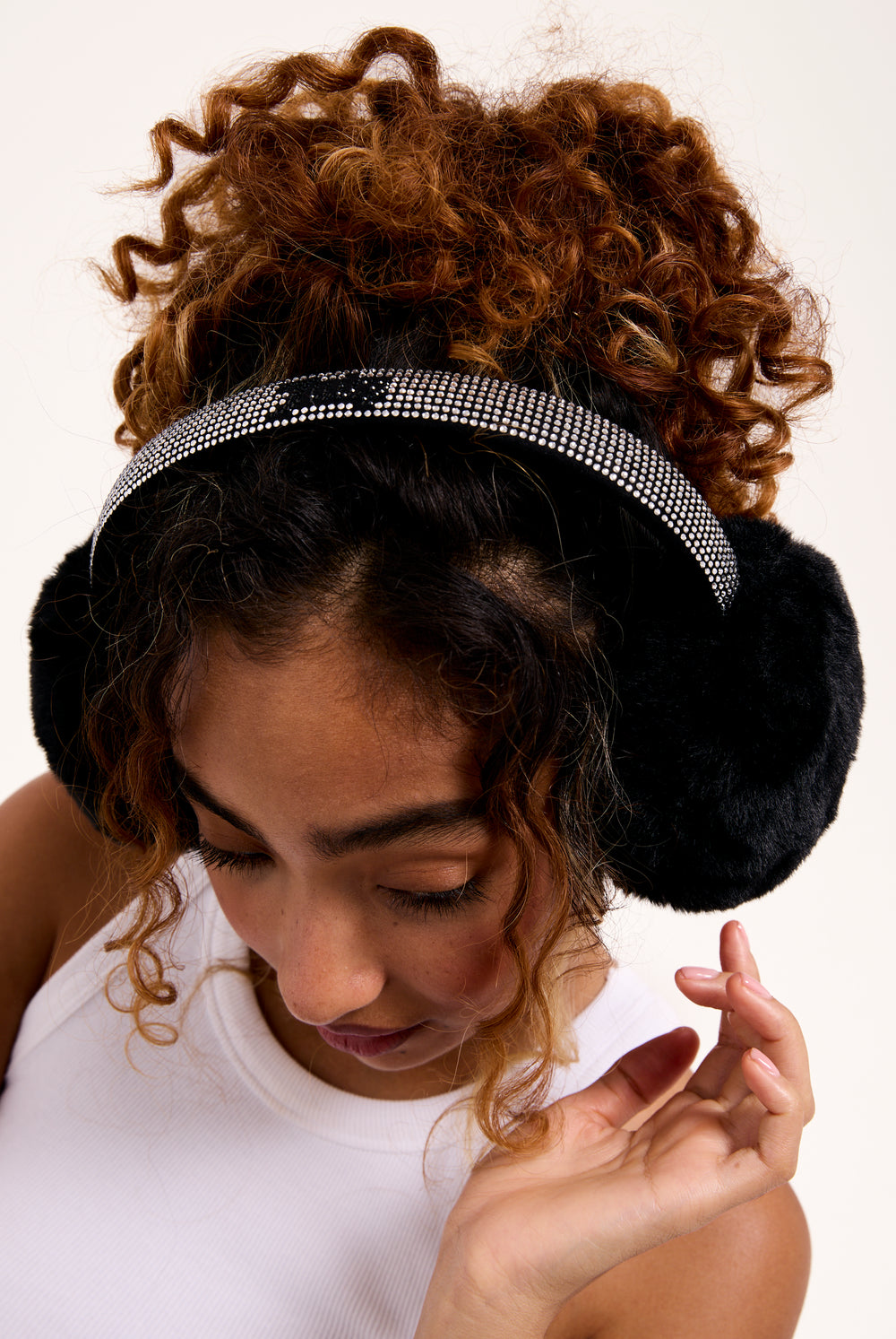 BLACK DIAMANTÉ FAUX FUR  EAR MUFFS