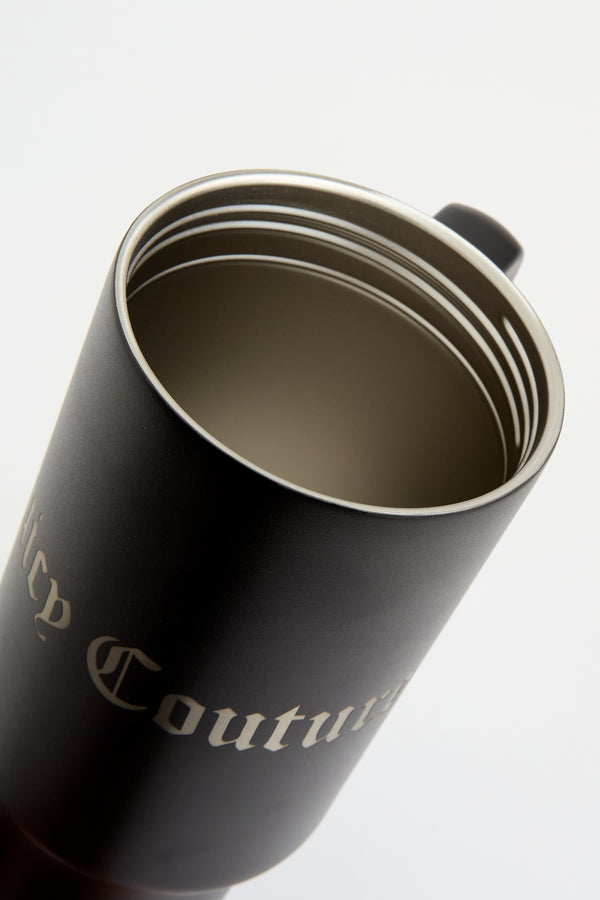 Displays the Black 'juicy' branded steel tumbler with straw 