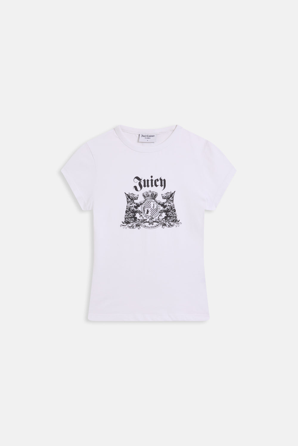 Displays the White 'Juicy' branded Dog Crest graphic tee 