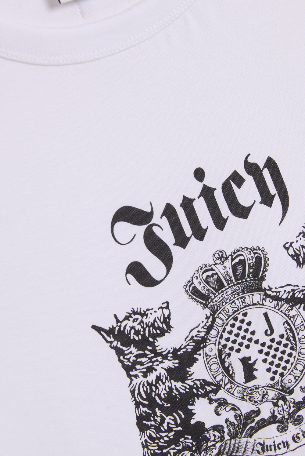 Displays the White 'Juicy' branded Dog Crest graphic tee featuring the juicy branding