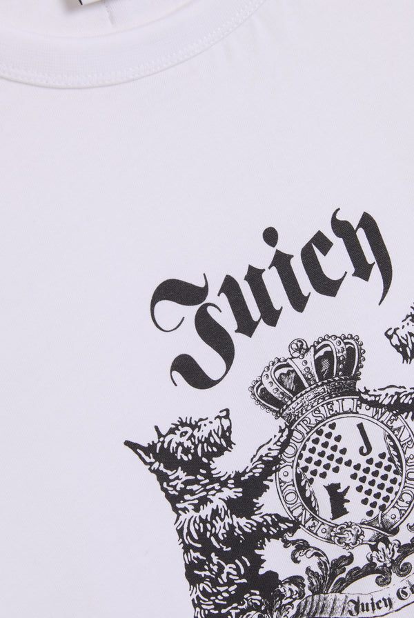 Displays the White 'Juicy' branded Dog Crest graphic tee featuring the juicy branding