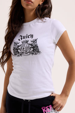 Displays a model wearing the White 'Juicy' branded Dog Crest graphic tee 