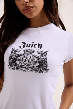 Displays a model wearing the White 'Juicy' branded Dog Crest graphic tee 