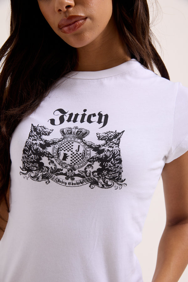 Displays a model wearing the White 'Juicy' branded Dog Crest graphic tee 