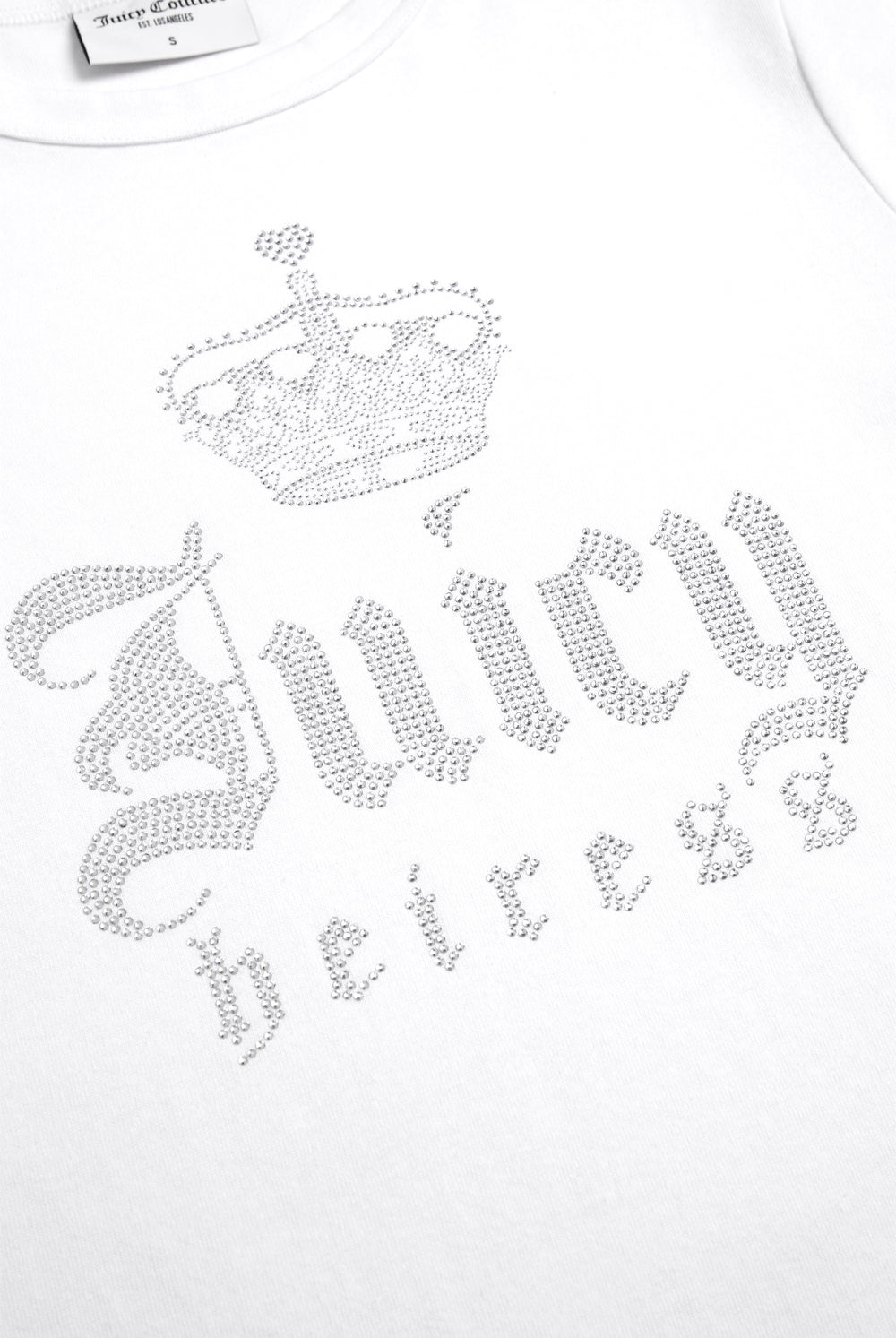 Displays the White 'Juicy' branded Heiress Diamante Tee featuring the details on the juicy branding 