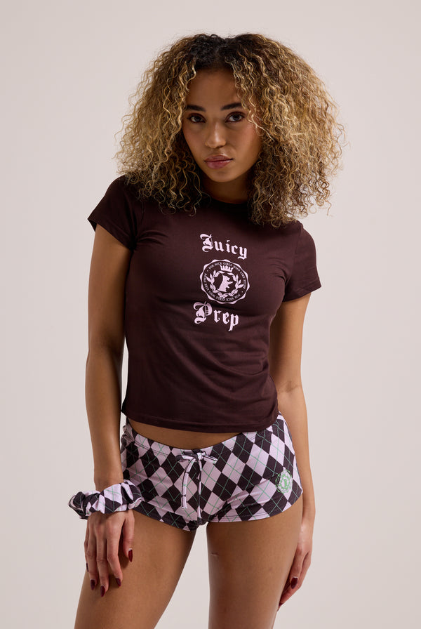 Displays a model wearing the Java 'Juicy' branded tee and shorts pyjama set 