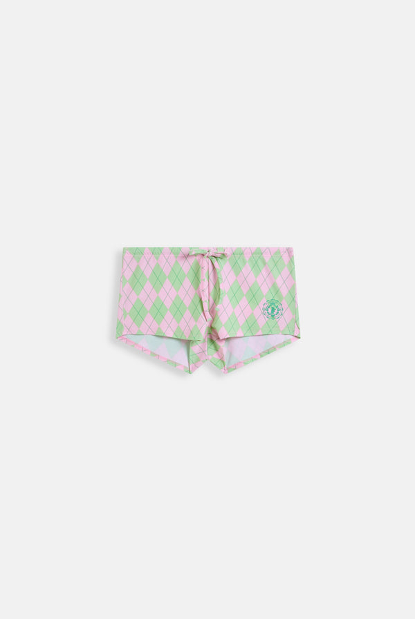 Displays the Juicy Pink 'Juicy' branded short 