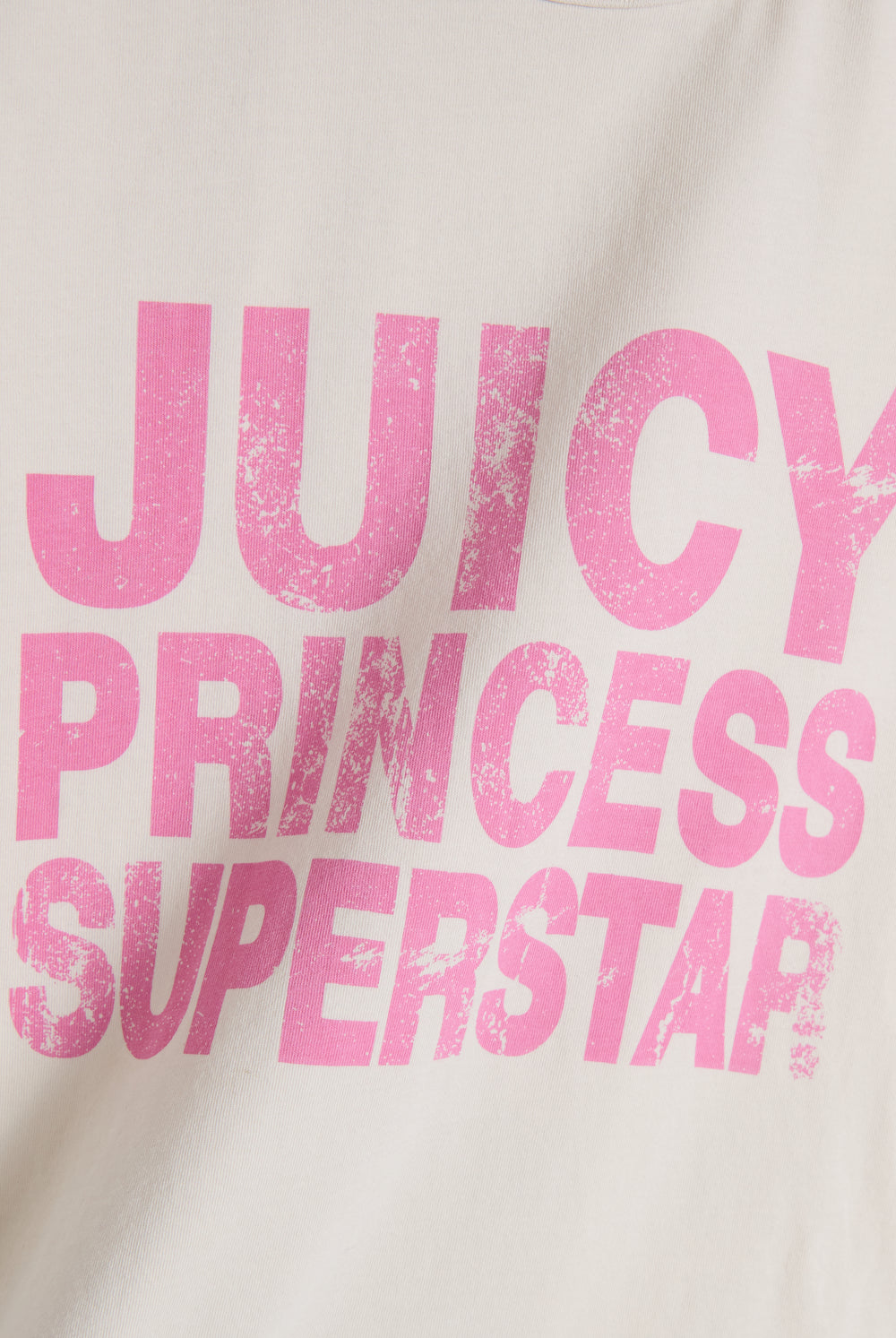 Displays the White 'Juicy' branded Princess Superstar Washed T-Shirt featuring the slogan on the branding 