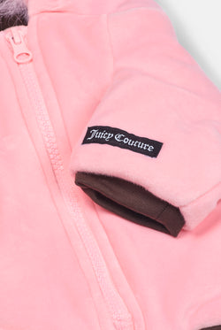Displays the Juicy Pink 'Juicy' branded Pet Puffer Jacket featuring the details on the juicy branding 