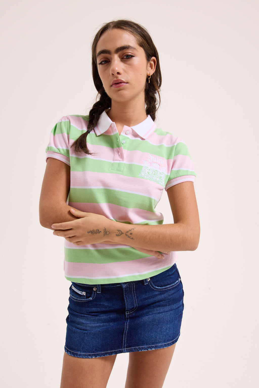 GREEN PINK STRIPE JUICY PUFF SLEEVE POLO TOP