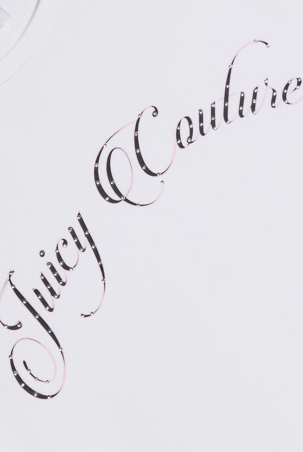 Displays the White 'Juicy' branded Script Baby T-Shirt featuring the juicy couture branding