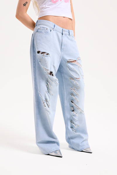 BLEACHED DENIM DISTRESSED WIDE LEG JEANS