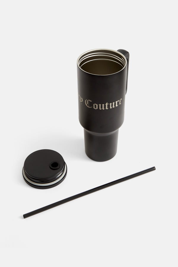 Displays the Black 'juicy' branded steel tumbler with straw 