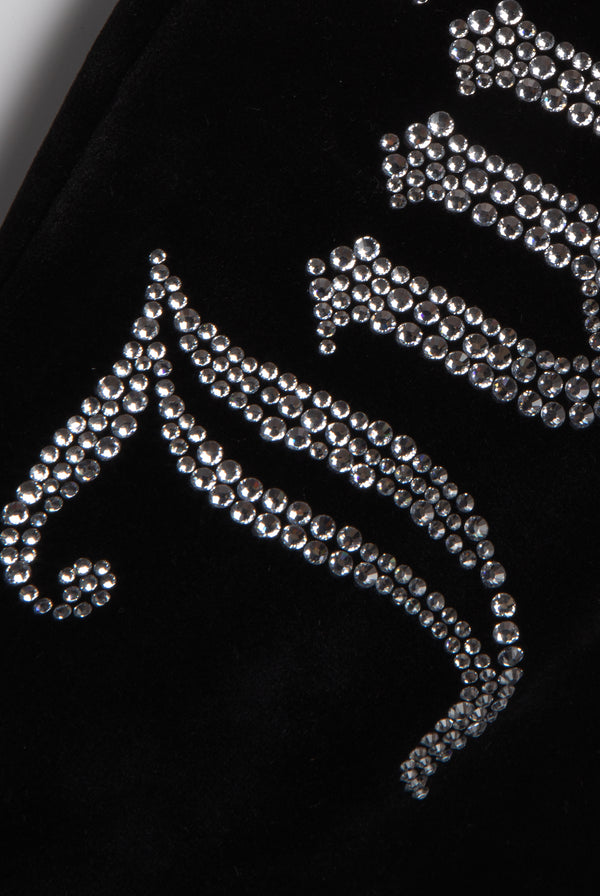 Displays the Black 'Juicy' branded Diamanté velour stocking featuring the juicy Couture branding 