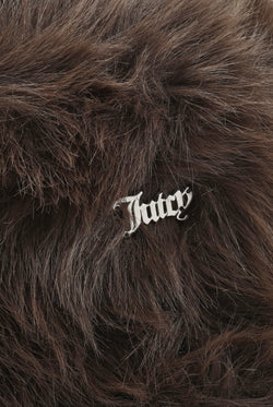 Displays the Java 'juicy' branded Plaque Fur Bucket Hat featuring the juicy branding 