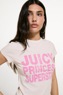 Displays a model wearing the White 'Juicy' branded Princess Superstar Washed T-Shirt