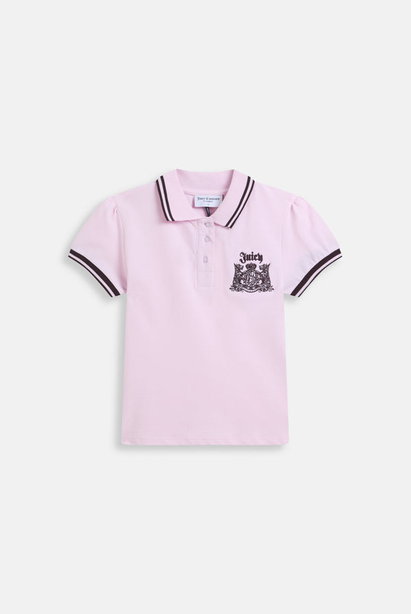 Displays the Cherry blossom 'Juicy' branded puff sleeve polo top 