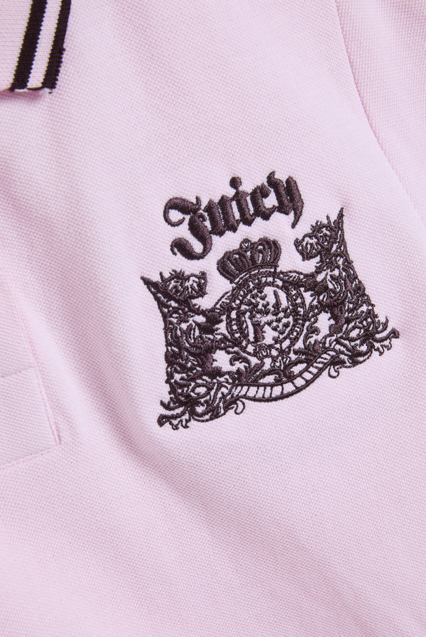 Displays the Cherry blossom 'Juicy' branded puff sleeve polo top featuring the juicy Couture logo