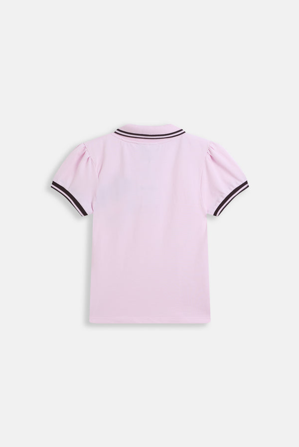 Displays the Cherry blossom 'Juicy' branded puff sleeve polo top 