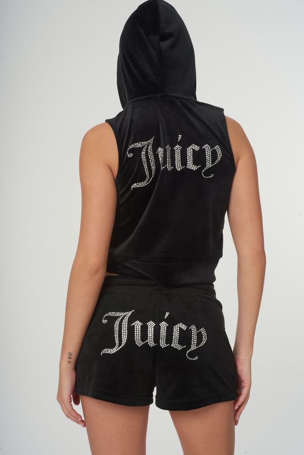 Displays a model wearing the Black 'Juicy' branded velour diamanté track shorts 