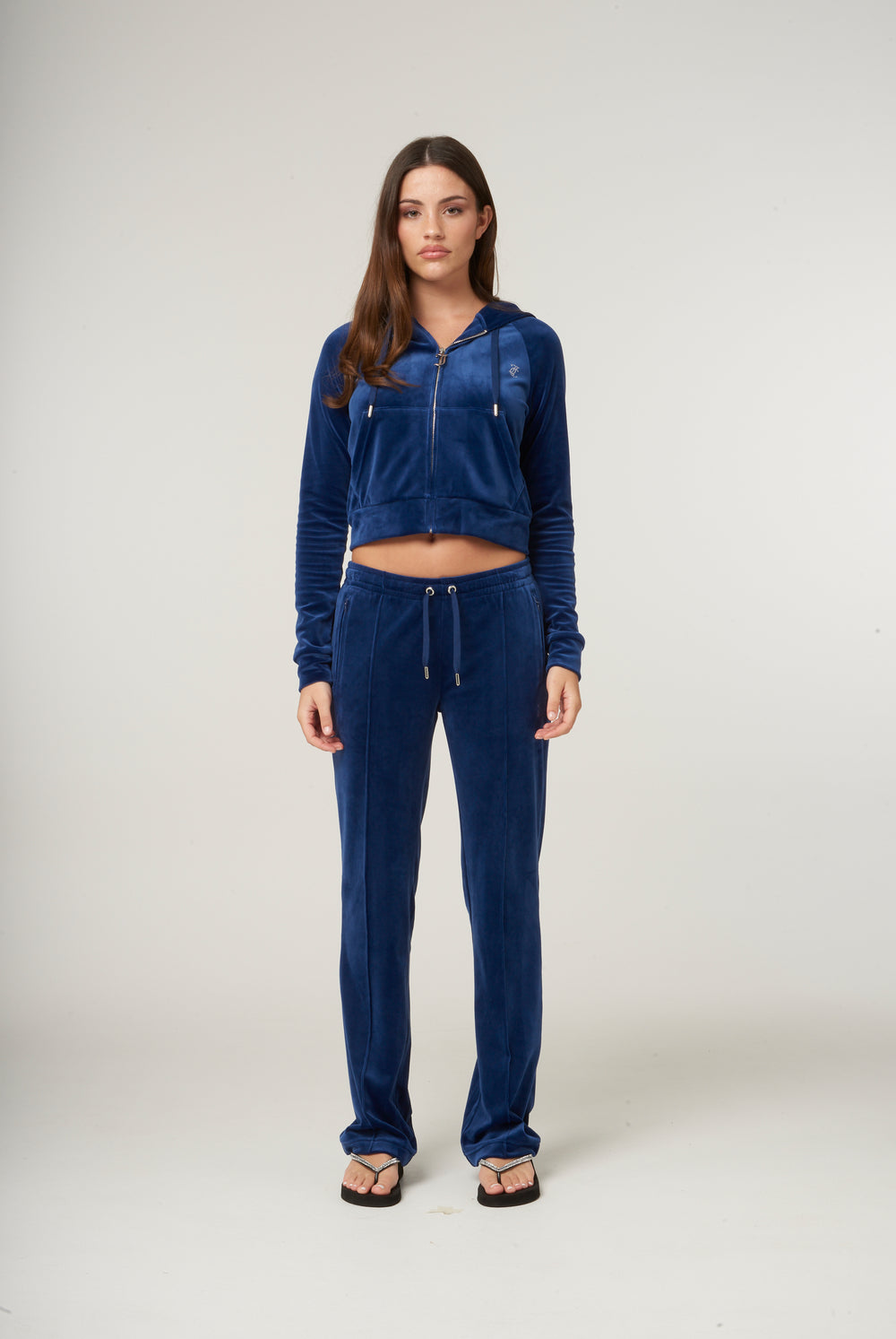 BLUE DEPTHS DIAMANTÉ VELOUR ZIP-THROUGH HOODIE