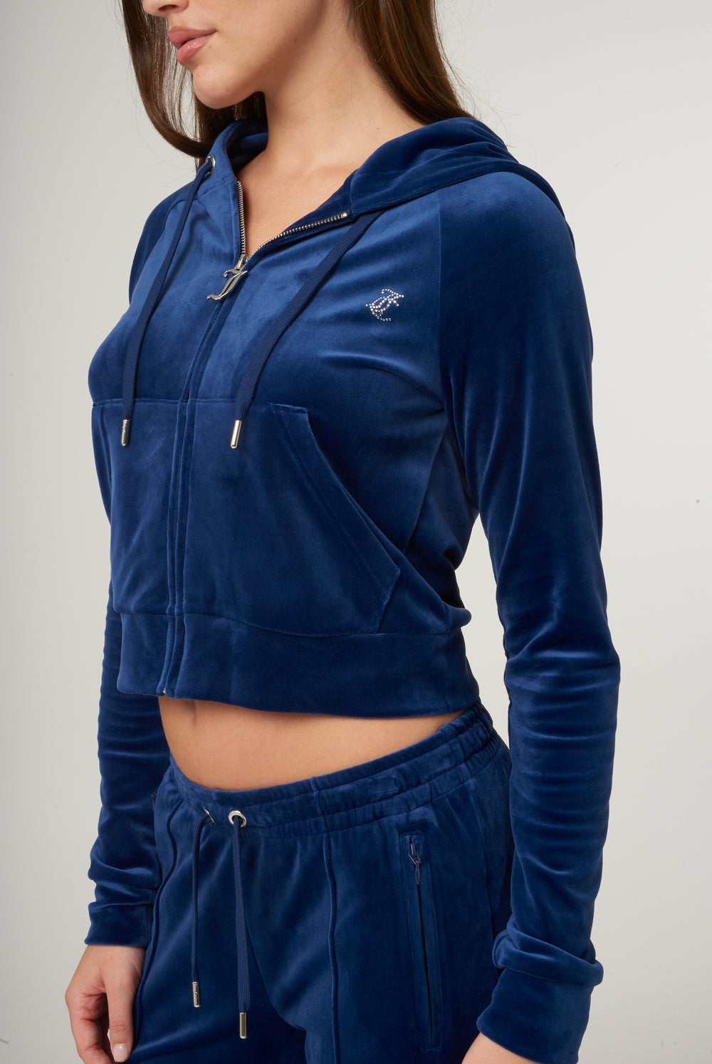 BLUE DEPTHS DIAMANTÉ VELOUR ZIP-THROUGH HOODIE