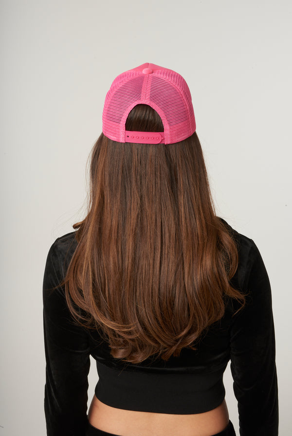 HOT PINK ROSE EMBROIDERED VELOUR TRUCKER CAP