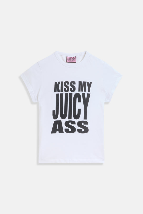 Displays the White 'Juicy' branded KISS MY JUICY tee 