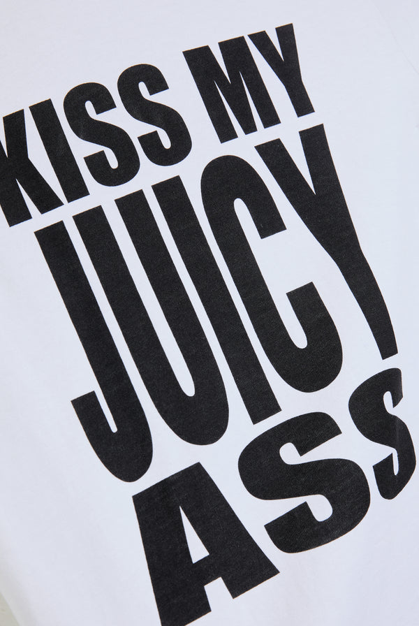 Displays the White 'Juicy' branded KISS MY JUICY tee featuring the juicy kiss my juicy branding 