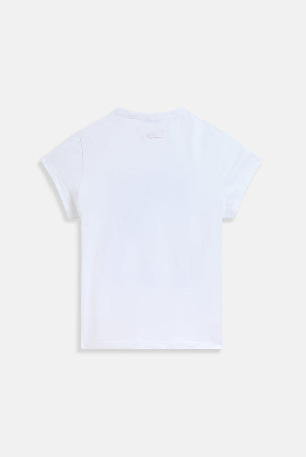 Displays the White 'Juicy' branded KISS MY JUICY tee 