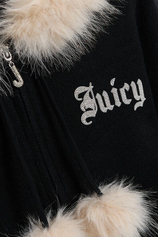 Displays the Black 'Juicy' branded Knitted Fur Trim Hoodie featuring the juicy branding 