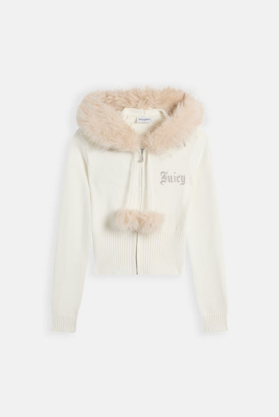 Cream Knitted Fur Trim Hoodie
