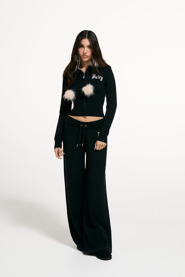 Black Knitted Fur Trim Hoodie