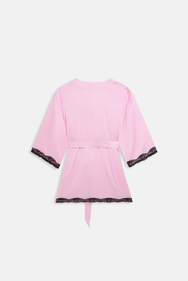 Displays the Cherry Blossom 'Juicy' branded heart lace trim robe 