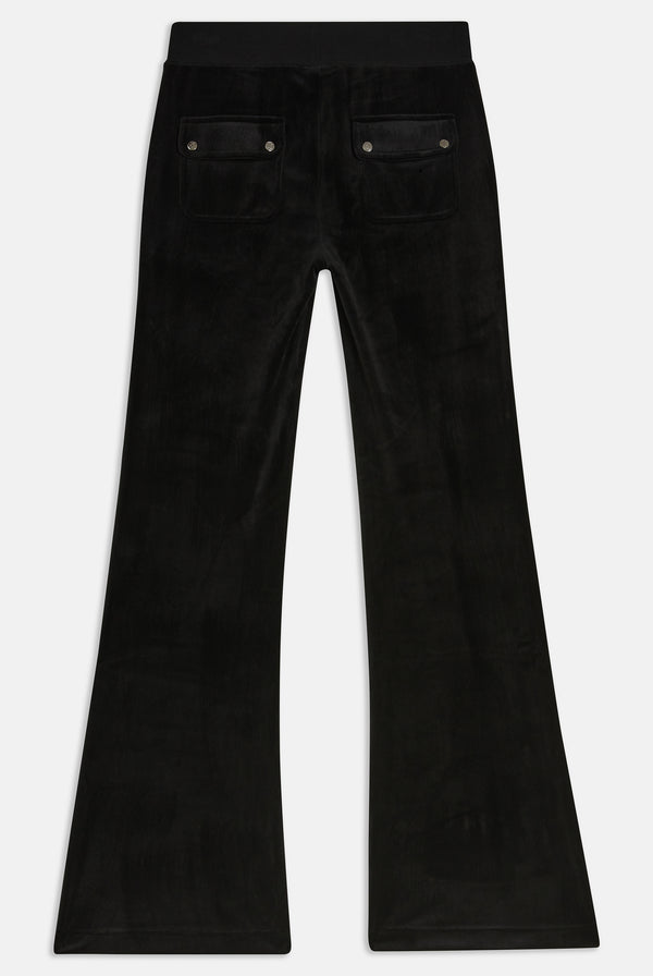 Displays the Black Low rise flare pocket 'Juicy' branded classic velour track pant