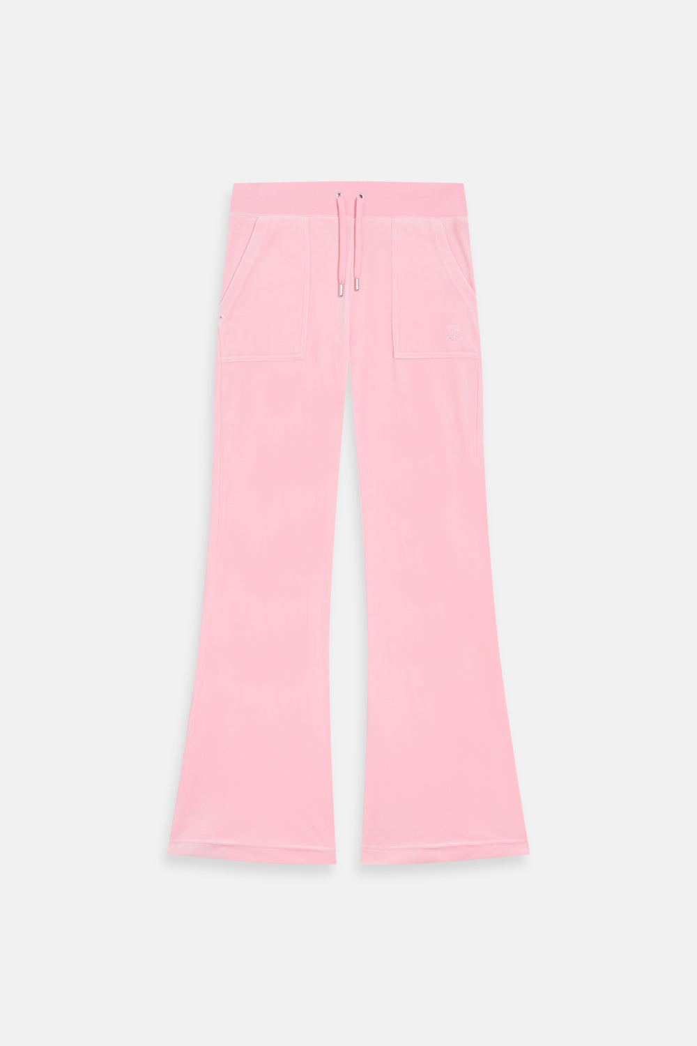 Displays the Juicy Pink 'Juicy' branded low rise flare classic velour track pant 