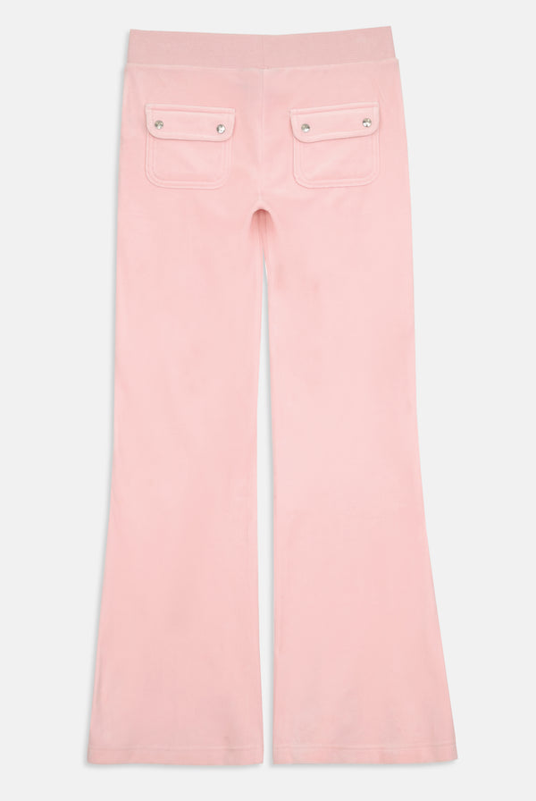 Displays the almond blossom 'Juicy' branded low rise flare classic velour track pant 
