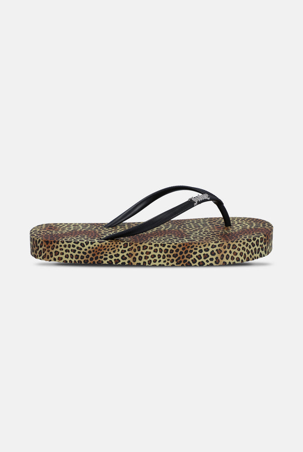 Displays the Leopard Print 'Juicy' branded platform flip flop 