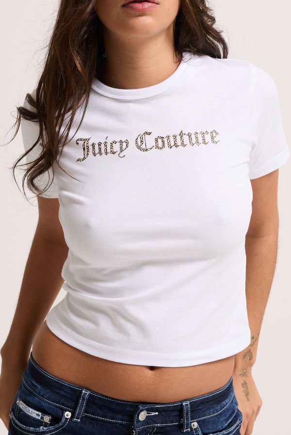 Displays a model wearing the White leopard 'Juicy' branded logo baby tee 