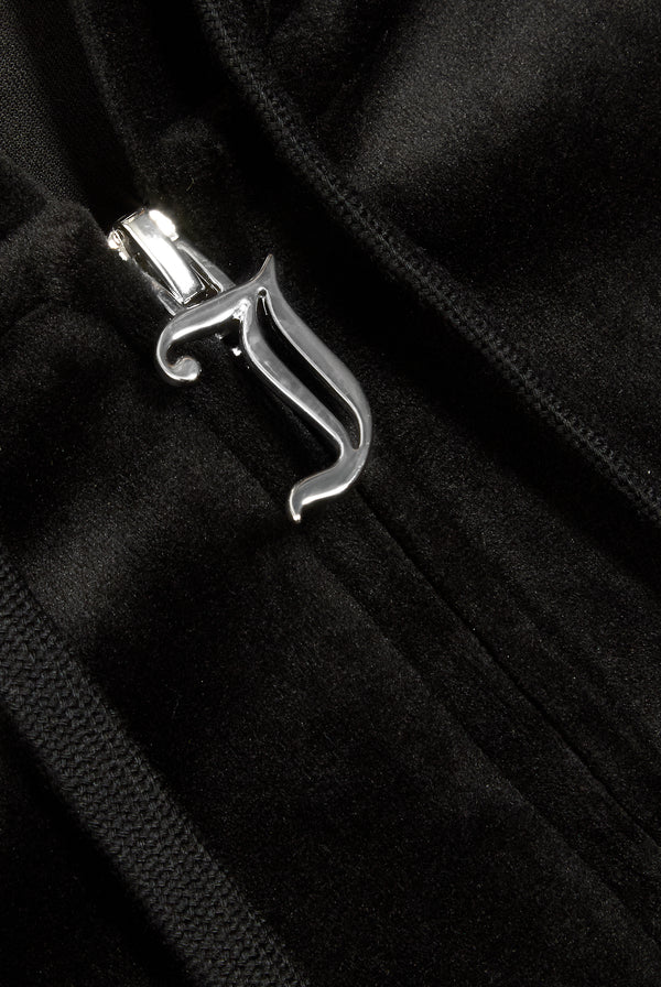 Displays the Black 'Juicy' branded 'LEO' Diamanté velour zip through hoodie featuring the juicy zip