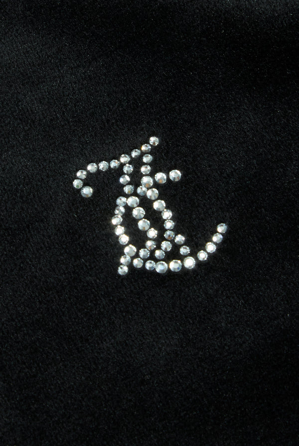 Displays the Black 'Juicy' branded 'LEO' Diamanté velour zip through hoodie featuring the juicy couture logo