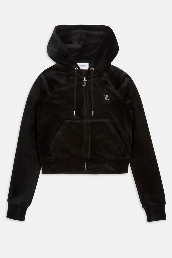 Displays the Black 'Juicy' branded 'LEO' Diamanté velour zip through hoodie 