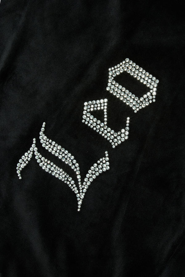 Displays the Black 'Juicy' branded 'LEO' Diamanté velour zip through hoodie featuring the Leo branded 