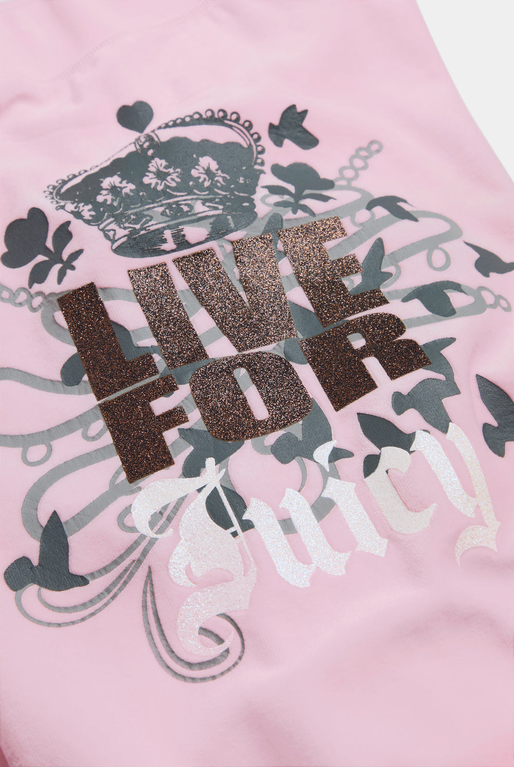 Displays the Cherry Blossom 'Juicy' branded Live For Juicy Og Straight Trackpants featuring the details on the juicy couture branding 