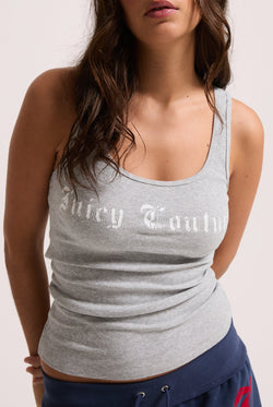 Displays a model wearing the Silver Marl 'Juicy' branded longline ribbed vest 