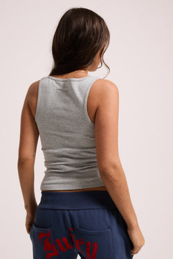 Displays a model wearing the Silver Marl 'Juicy' branded longline ribbed vest 
