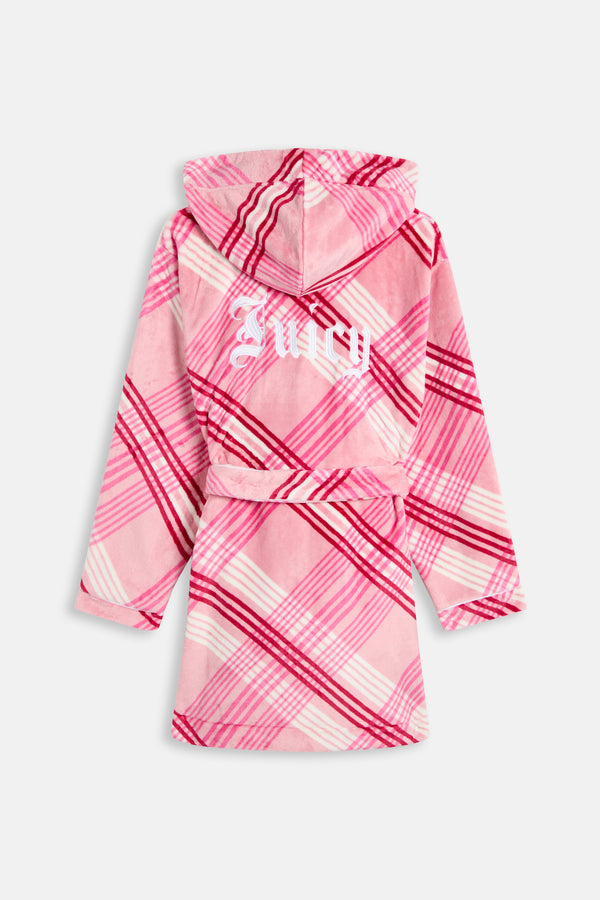 Displays the Pink 'Juicy' branded Check Plush Robe