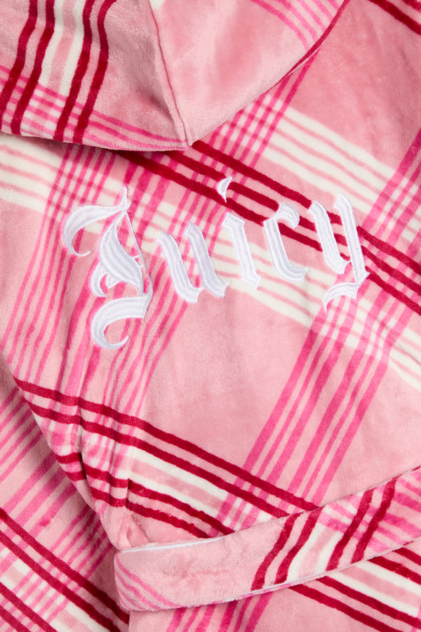Displays the Pink 'Juicy' branded Check Plush Robe featuring the juicy branding