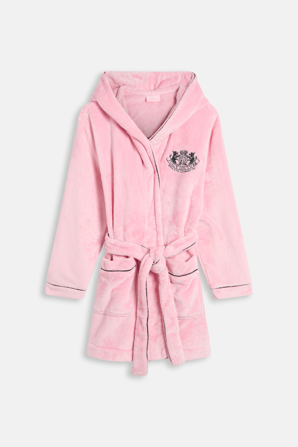 Displays the Juicy Pink 'Juicy' branded Plush Crest Robe