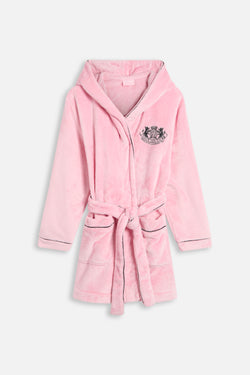 Displays the Juicy Pink 'Juicy' branded Plush Crest Robe